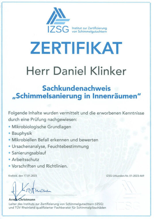 Sachkundenachweis Schimmelsanierung in Innenräumen IZSG – Malerbetrieb Sven Schmidt GmbH, Rheinberg