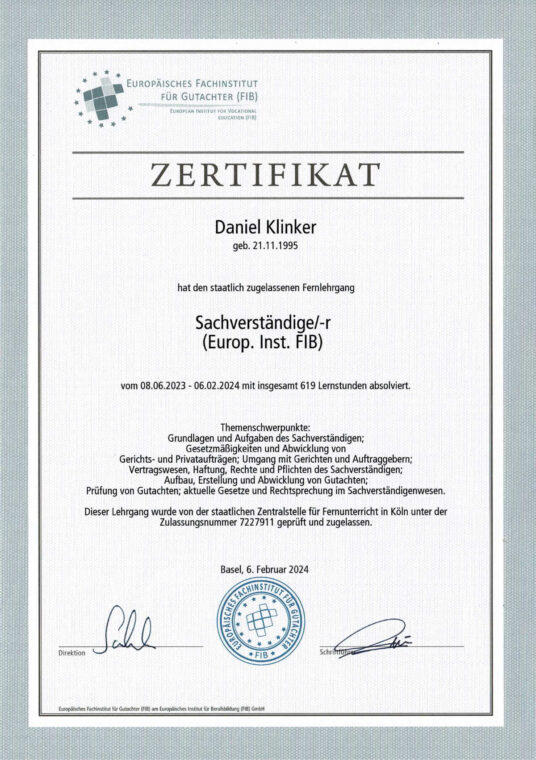 Sachverständiger Europäisches Institut FIB – Fernlehrgang Gutachtenerstellung Malerbetrieb Sven Schmidt GmbH, Rheinberg