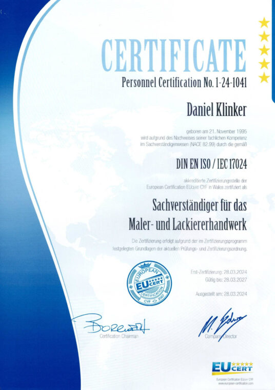Sachverständiger für das Maler- und Lackiererhandwerk EUCERI DIN EN ISO IEC 17024 – Sven Schmidt GmbH, Rheinberg