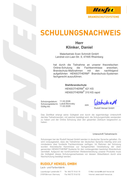 Fachkenntnis HENSOTHERM Brandschutz-Systeme Rudolf Hensel GmbH – Malerbetrieb Sven Schmidt GmbH, Rheinberg